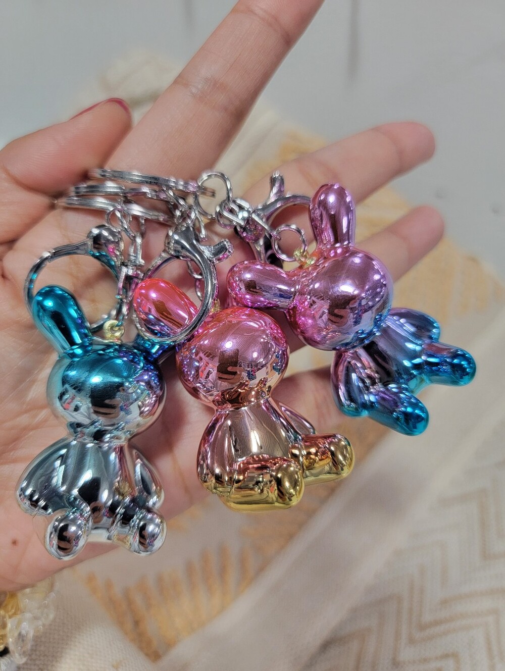 3pcs Cute Metallic Bunny Keychain - Pink, Blue, Gold